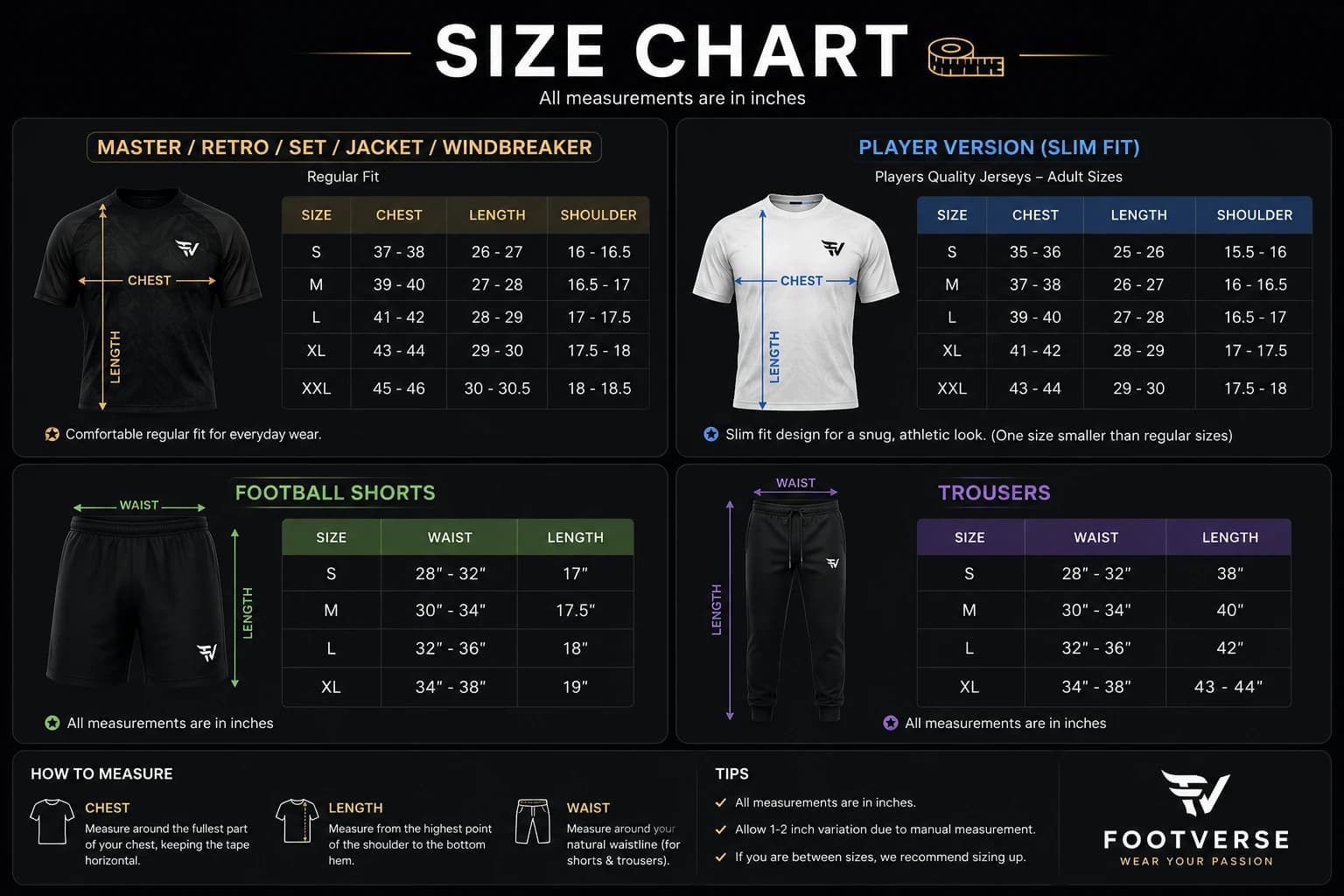 FootVerse jersey size chart showing chest and length measurements for each size